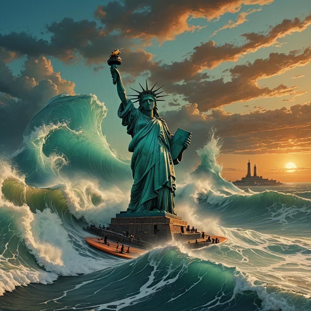 Statue of Liberty Surfing: Fantasy Art