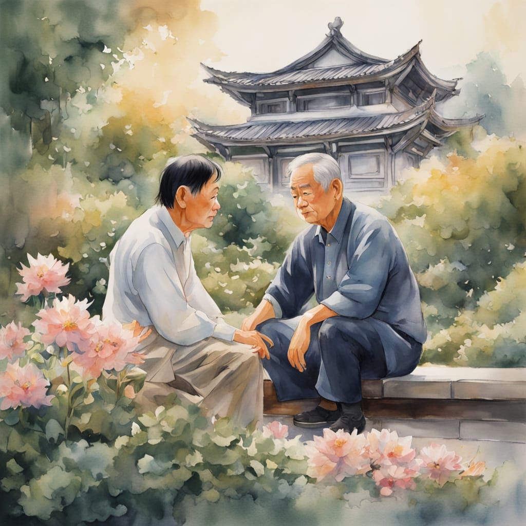 Couple in Garden, Watercolor Painting