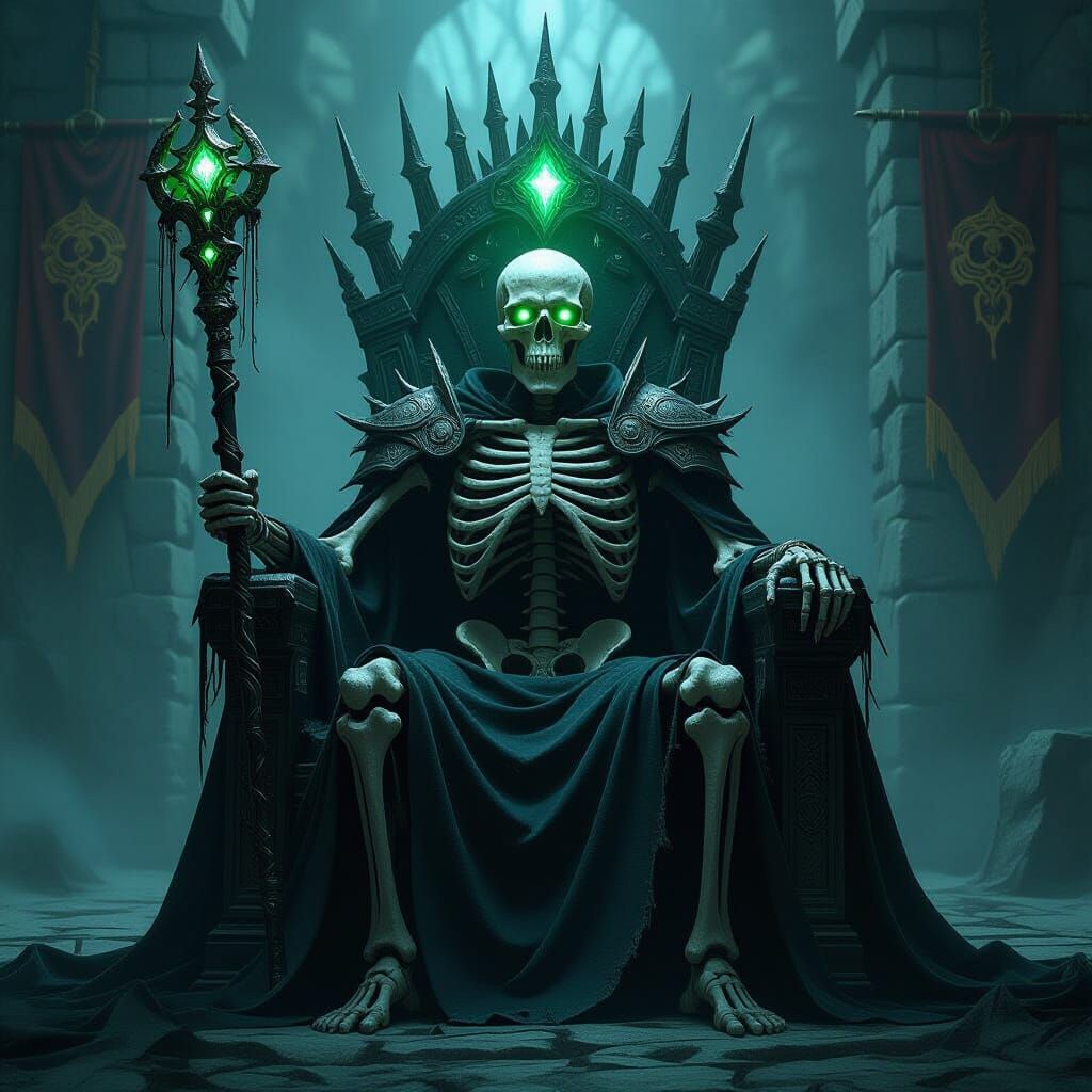 Skeleton King on Obsidian Throne in Dark Fantasy Art