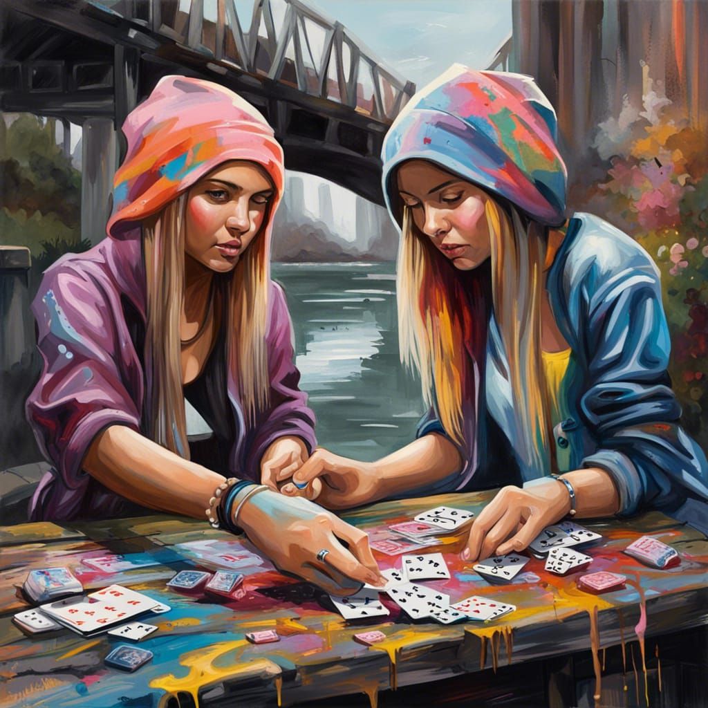 Card Game on Old Bridge in Graffiti Art Style