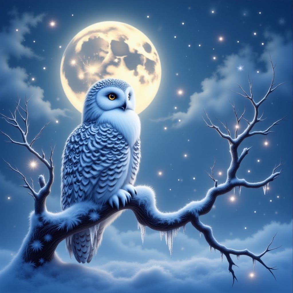 Majestic Snowy Owl in Moonlit Winter Wonderland