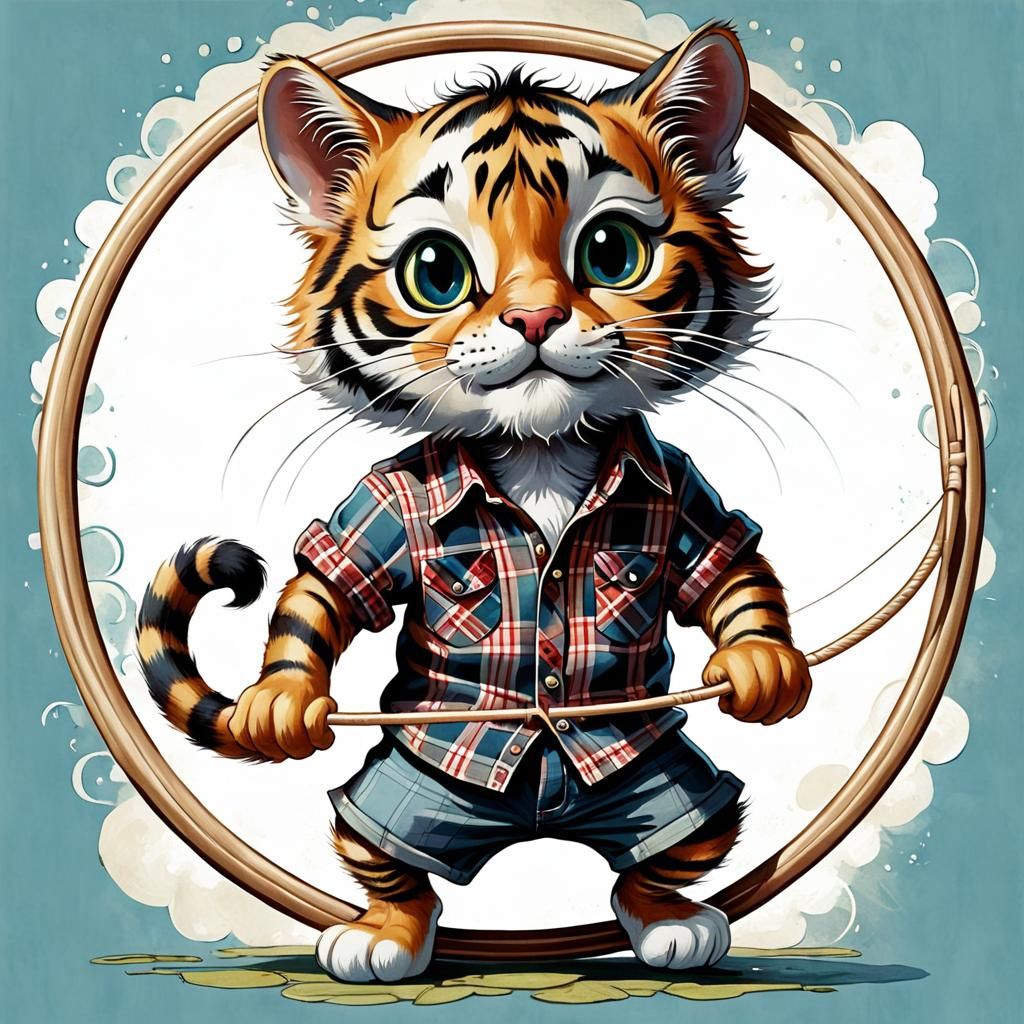 caricature of a tiger-striped kitty cat in a plaid shirt wit...