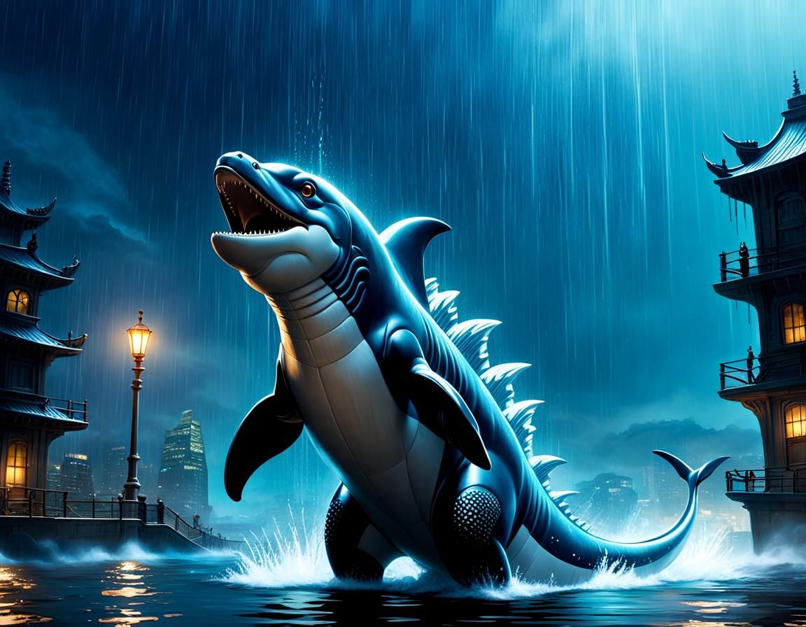 Godzilla Dolphin Gazing at Raindrops Underwater