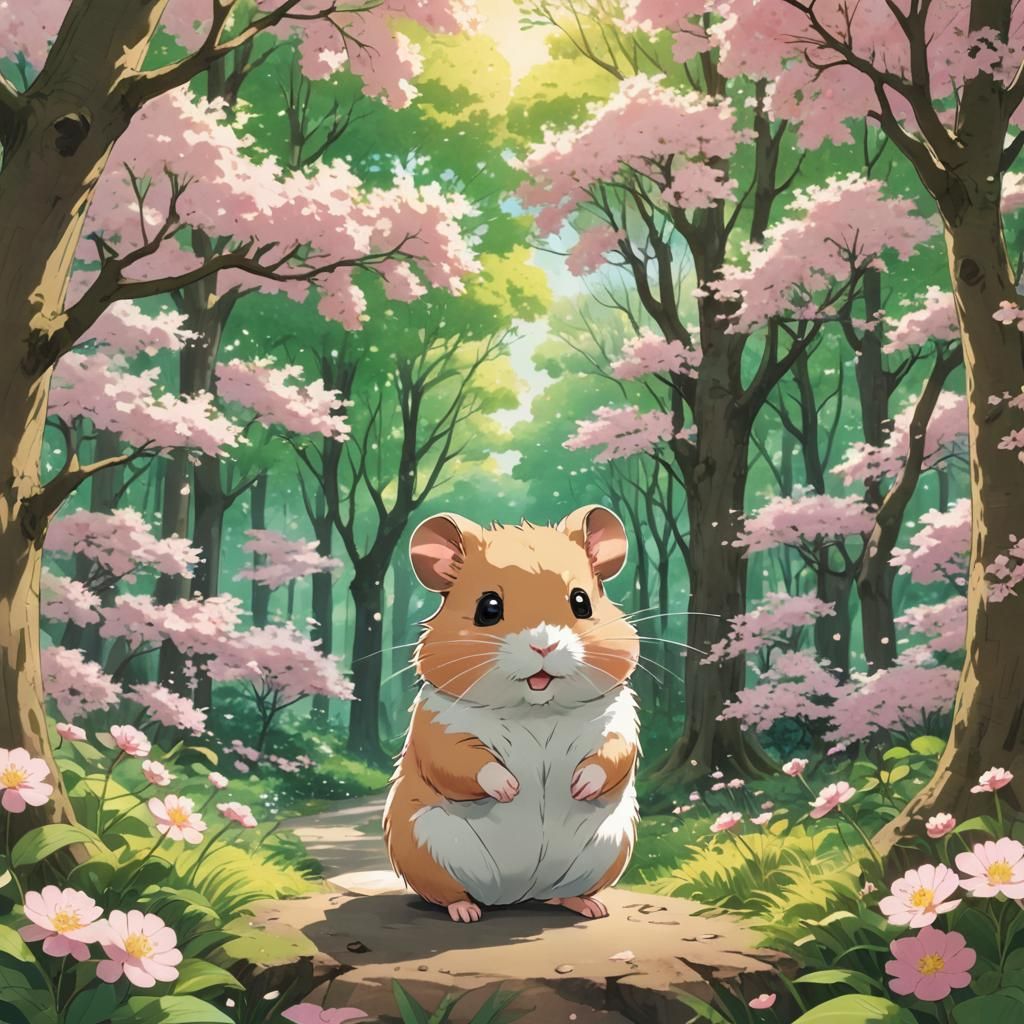 Whimsical Anime Hamster in Blossom Forest