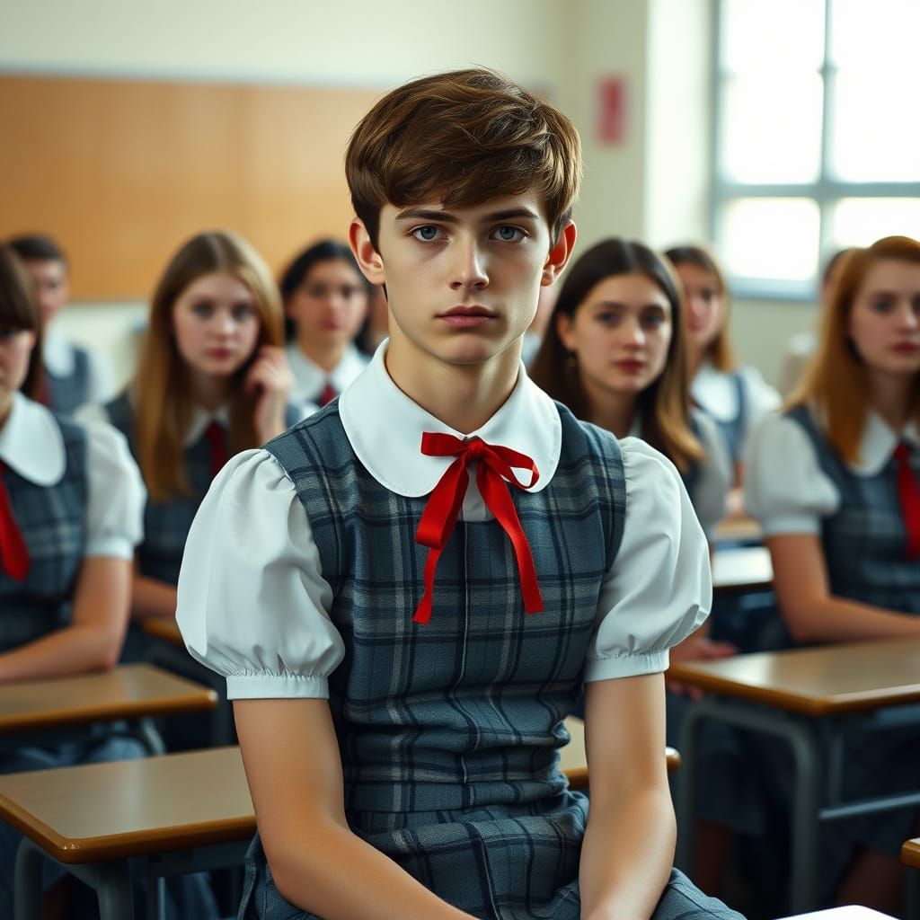 Ethereal Teen Boy in Vintage-Inspired Dress, Set in a Cinema...