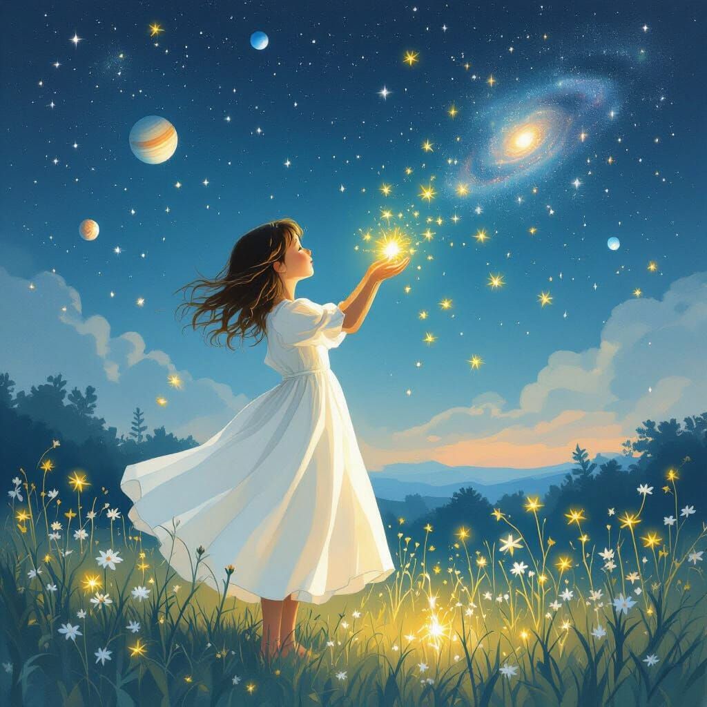 Girl Releasing Fireflies into Starry Night Sky