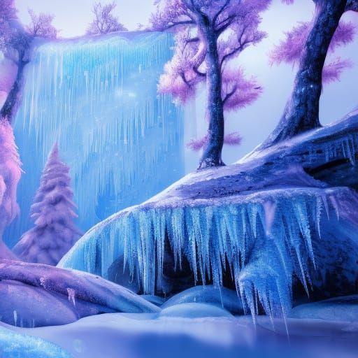 Frozen Waterfall in Winter Forest: Dark Fantasy Art