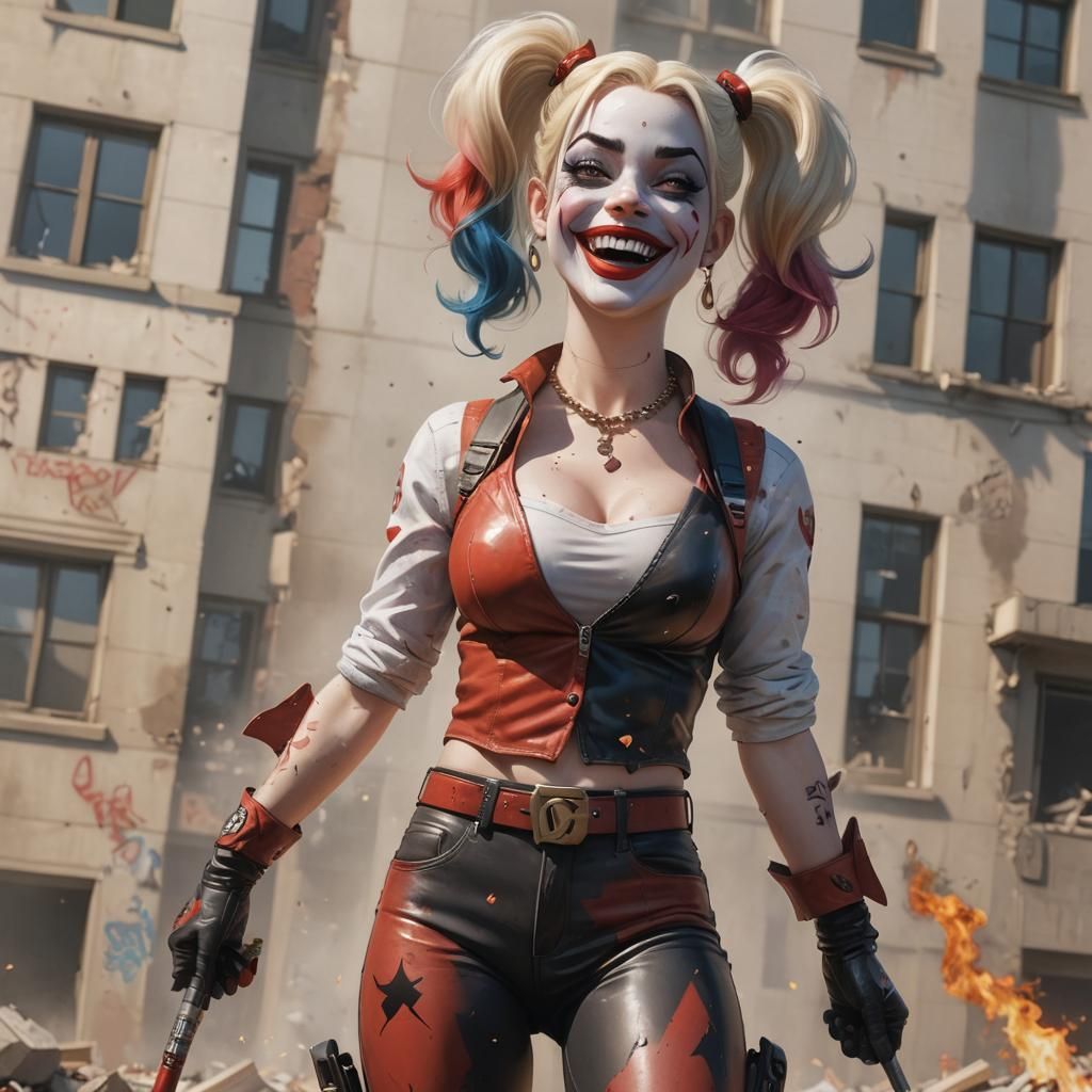 Hyperrealistic Harley Quinn Grin in a Chaotic Setting