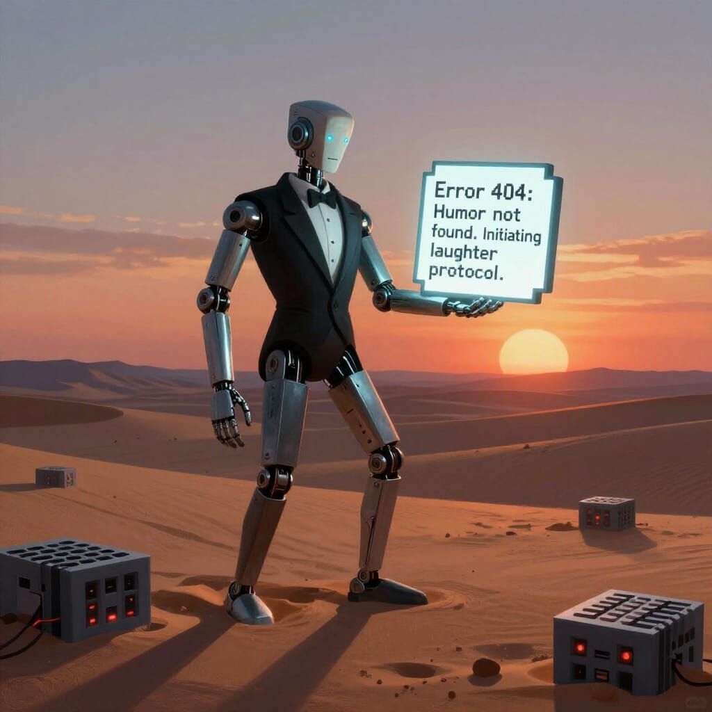 Surreal Robotic Figure Holds Glowing Pixel in Logic Gate Des...