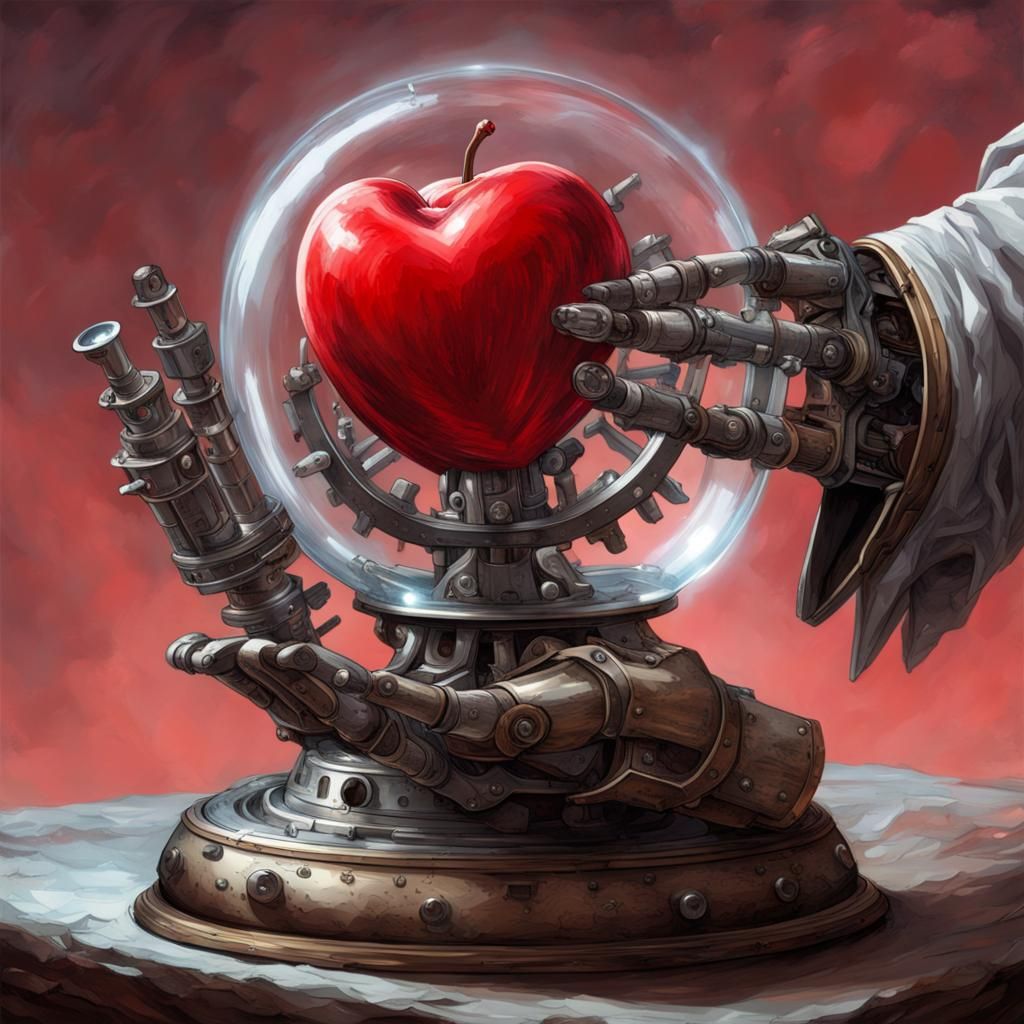 Mechanical Hand Holding Heart Apple in Geiger Style