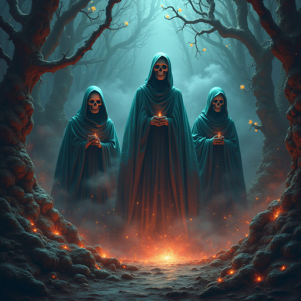 Mysterious Spirits with Skull Faces in Voodoo Setting