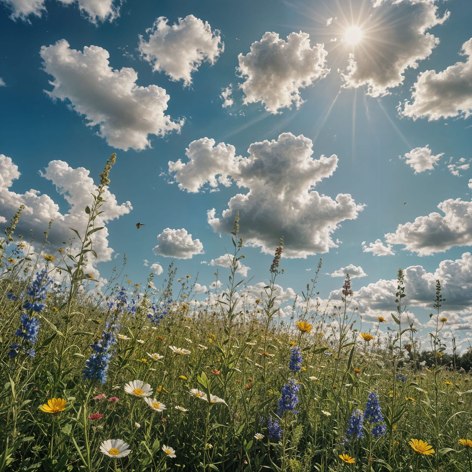Vibrant Wildflowers Under Blue Sky in Cinematic Style
