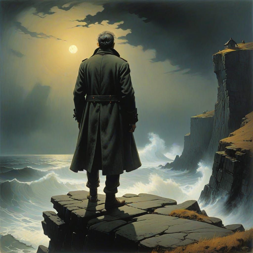 Daring Adventurer on Windswept Cliff, in Frazetta-Inspired S...