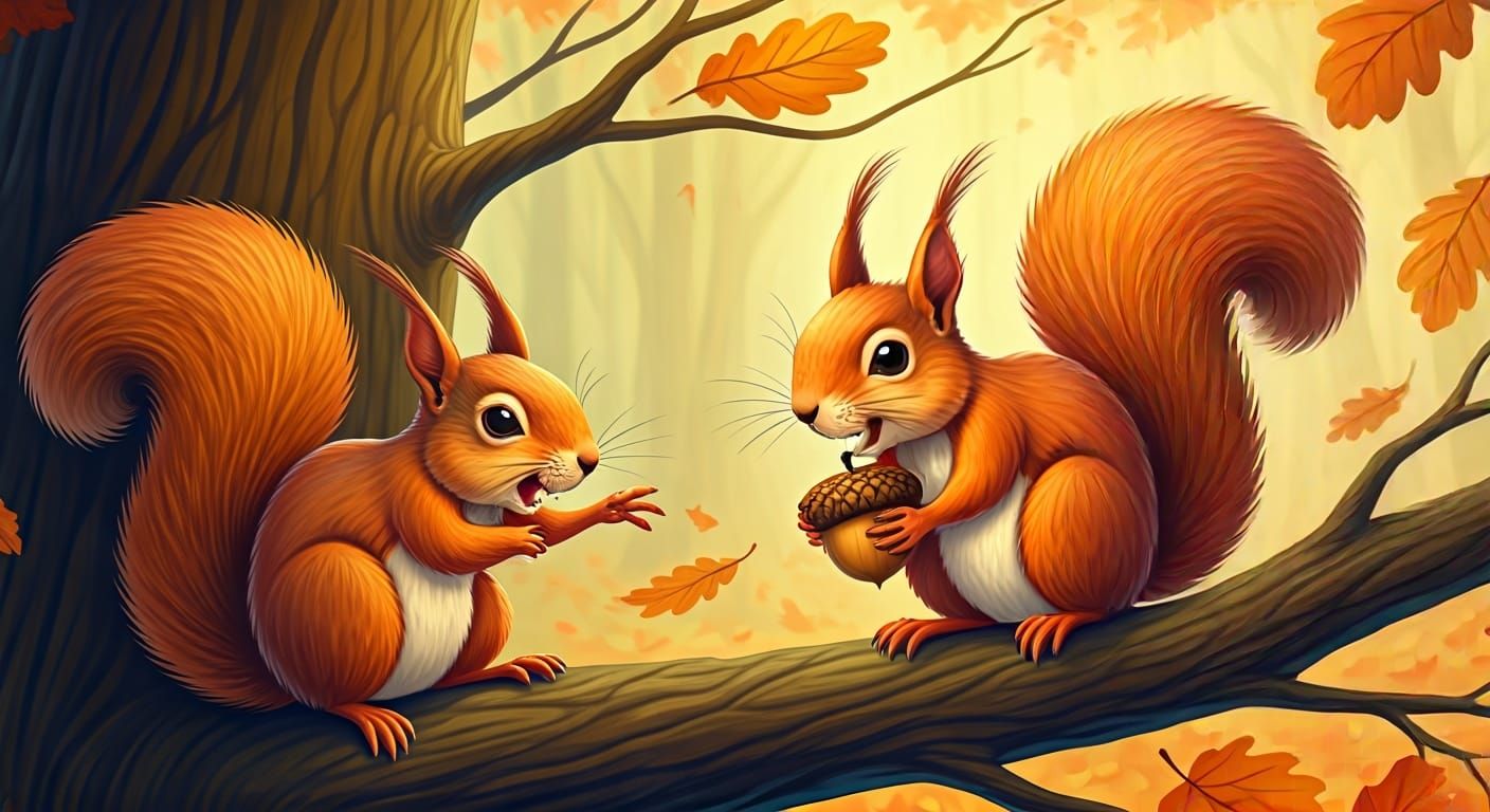 Playful Squirrel Steals Acorn in Autumnal Forest
