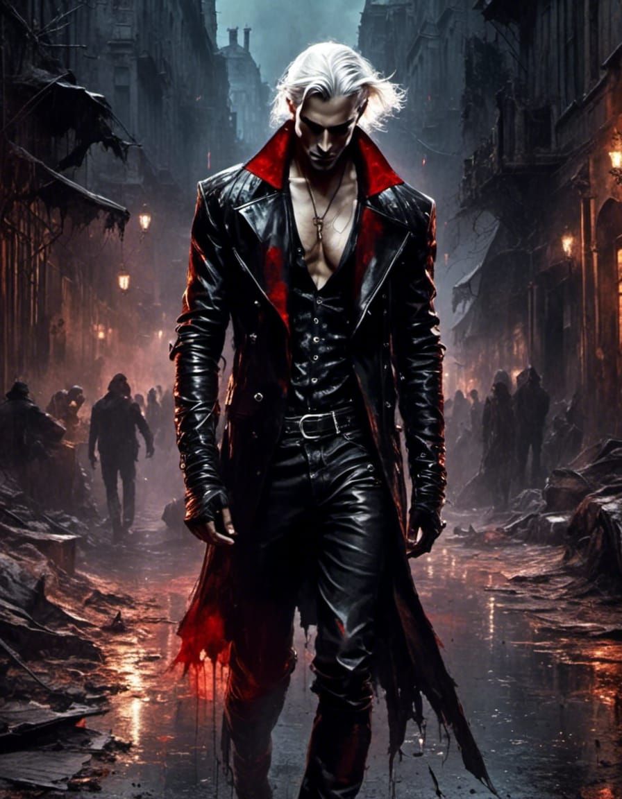 Hyperrealistic Vampire in Gothic Cityscape