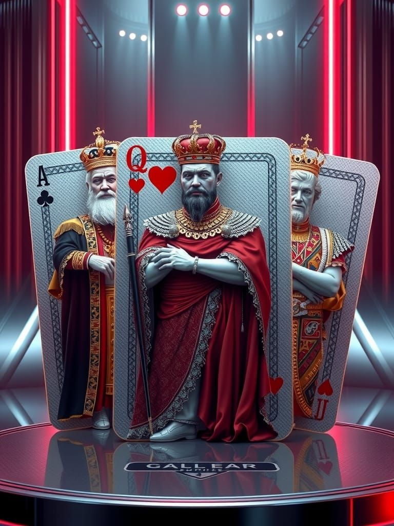 Regal Monarchs on Playing Cards in Futuristic Style