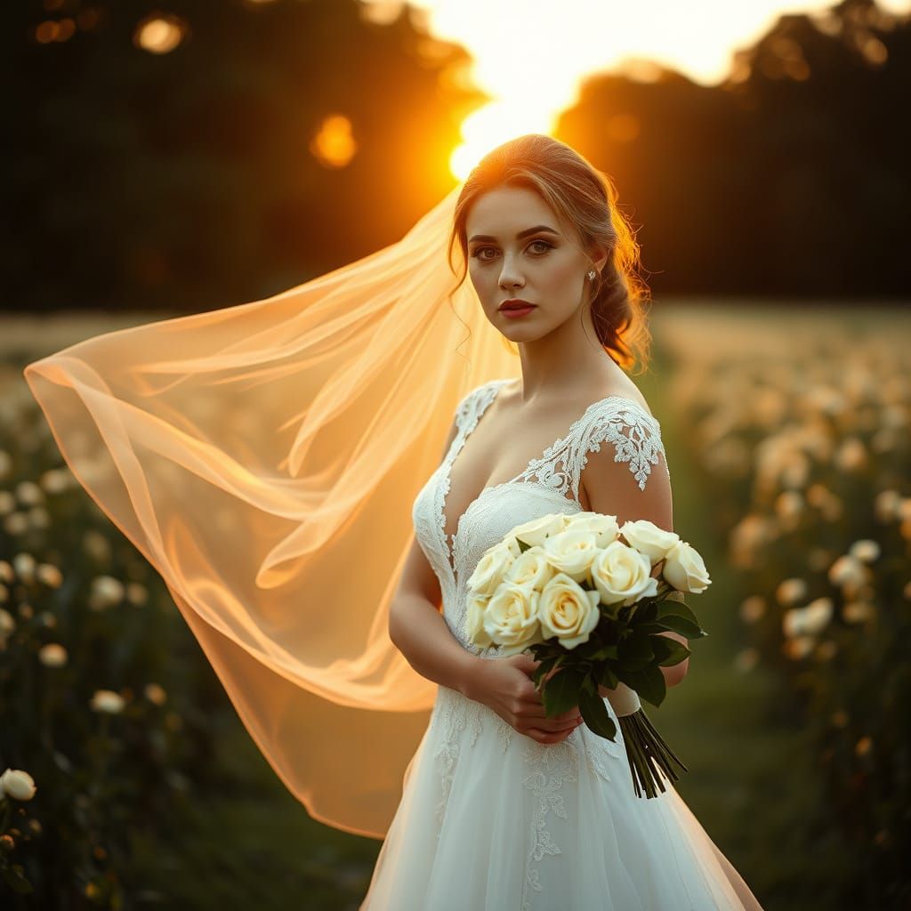Bride in Lace Gown Poses in Sunrise