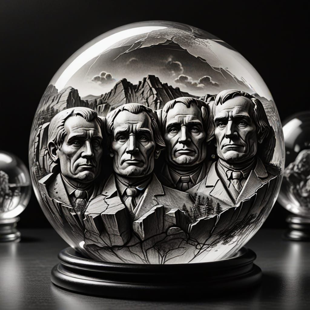 Miniature Mount Rushmore in Glass Orb, Charcoal Drawing