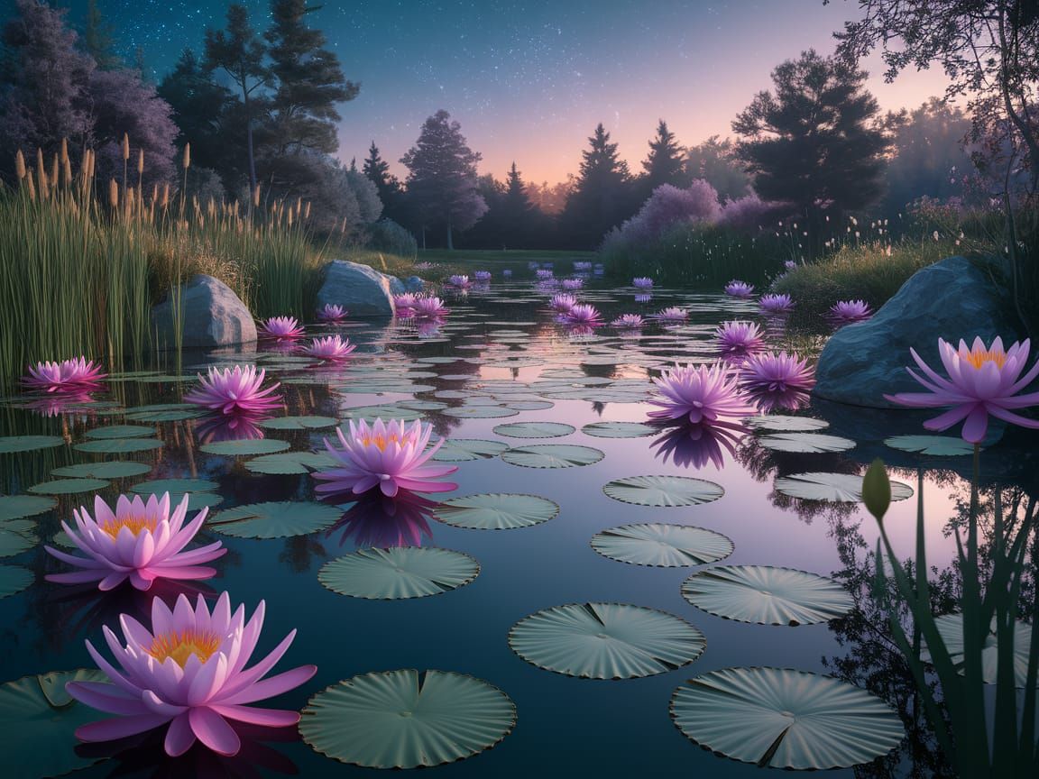 Mystical Lotus Pond at Dusk: Ethereal Impressionism