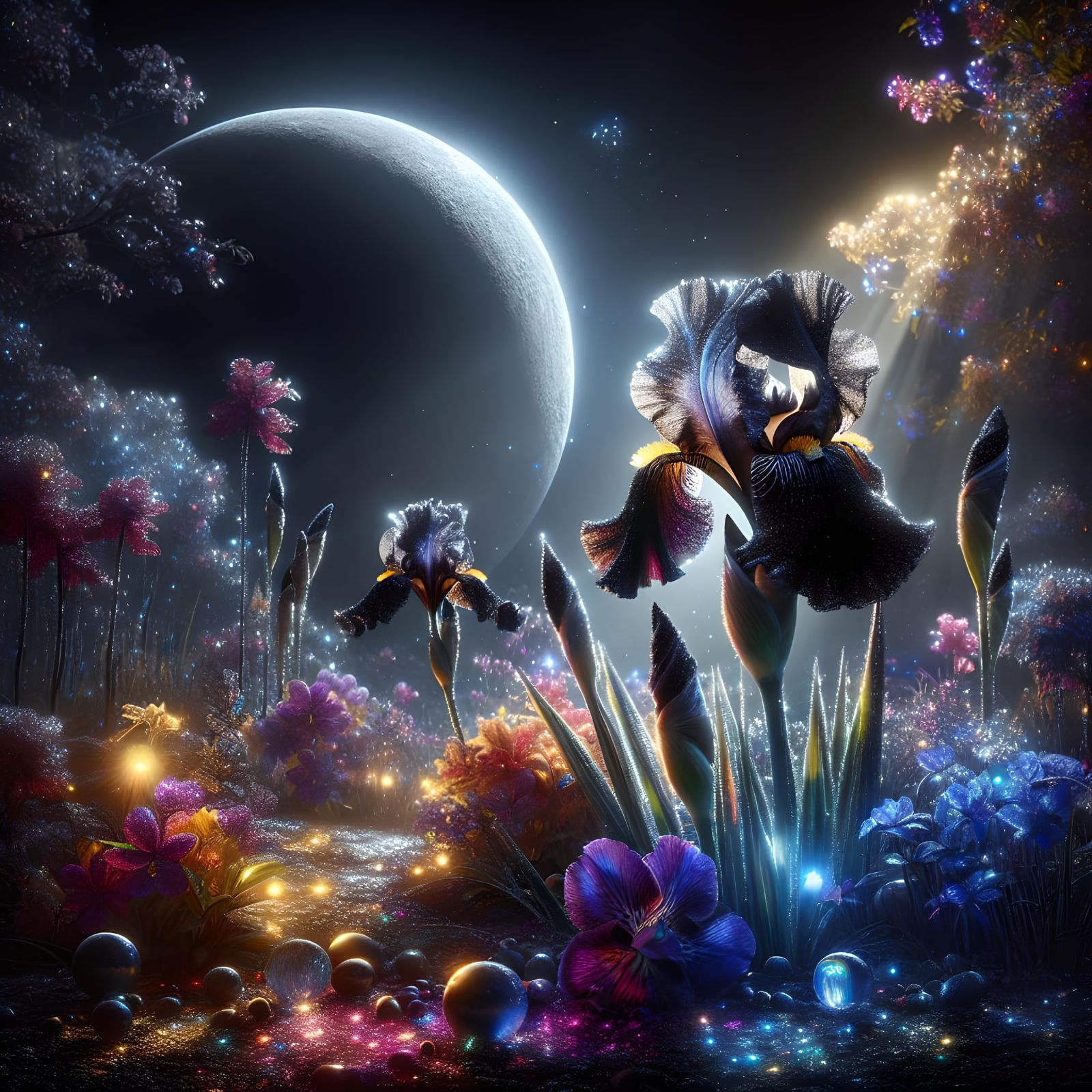 Moonlit Black Iris and Orchid Concept Art