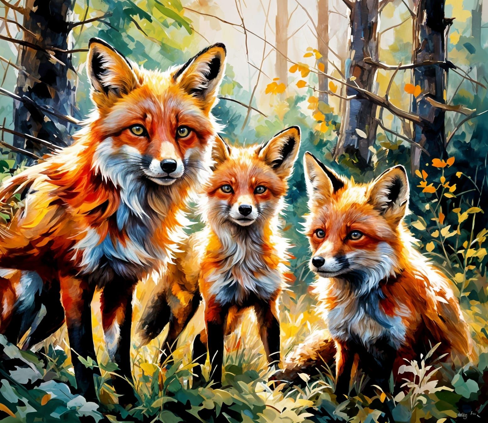 Mama Fox and Kits in Artistic Oil Painting