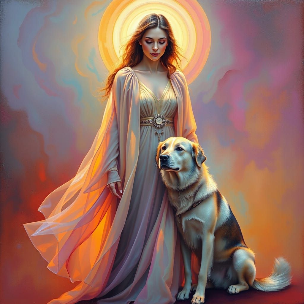 Ethereal Woman with Loyal Dog in Vibrant, Swirling Backgroun...