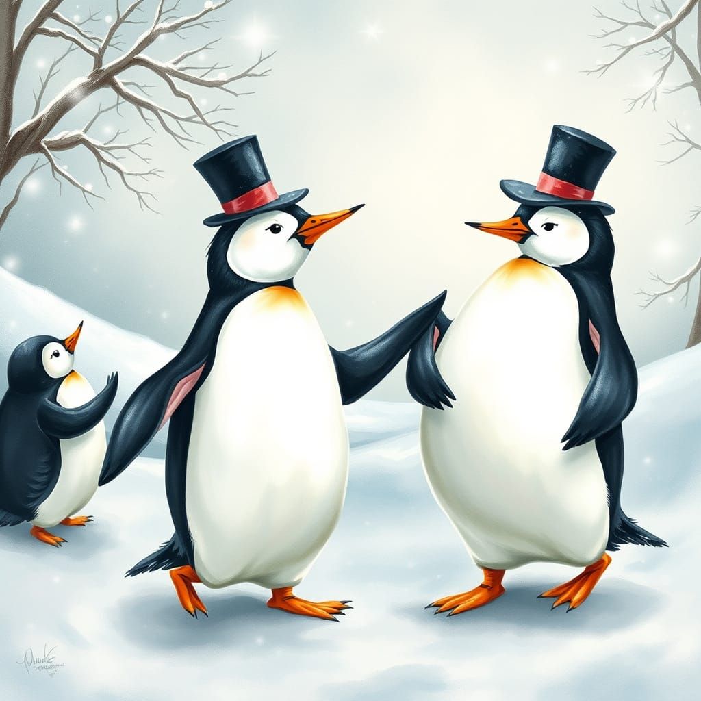 Penguins in Elegant Winter Wonderland