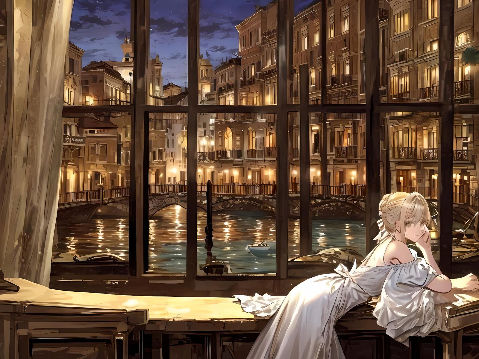 Anime Girl in Venetian Cafe Illustration