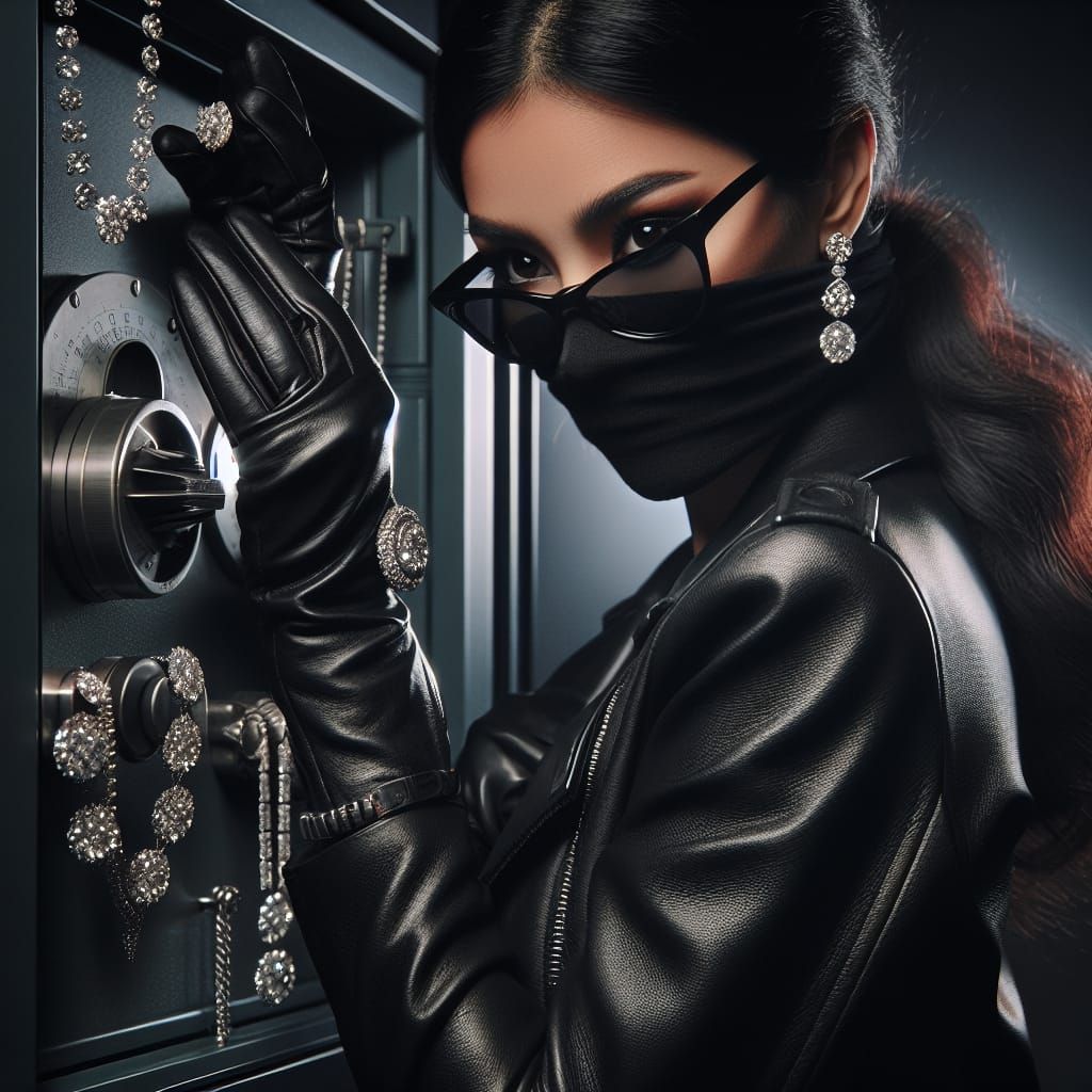 Female Jewel Thief Stealing Diamonds: Cinematic Film Still