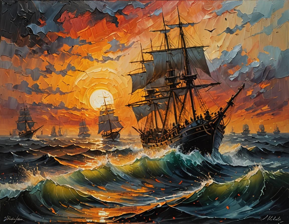 Whaling Fleet at Sunset: Expressionist Oil Painting