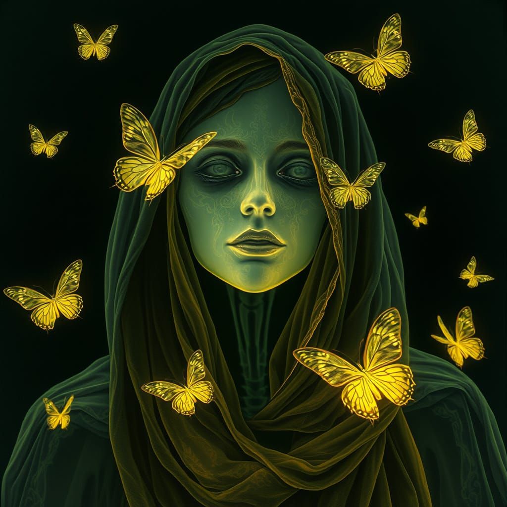 Ethereal Woman in X-Ray Portrait with Butterflies