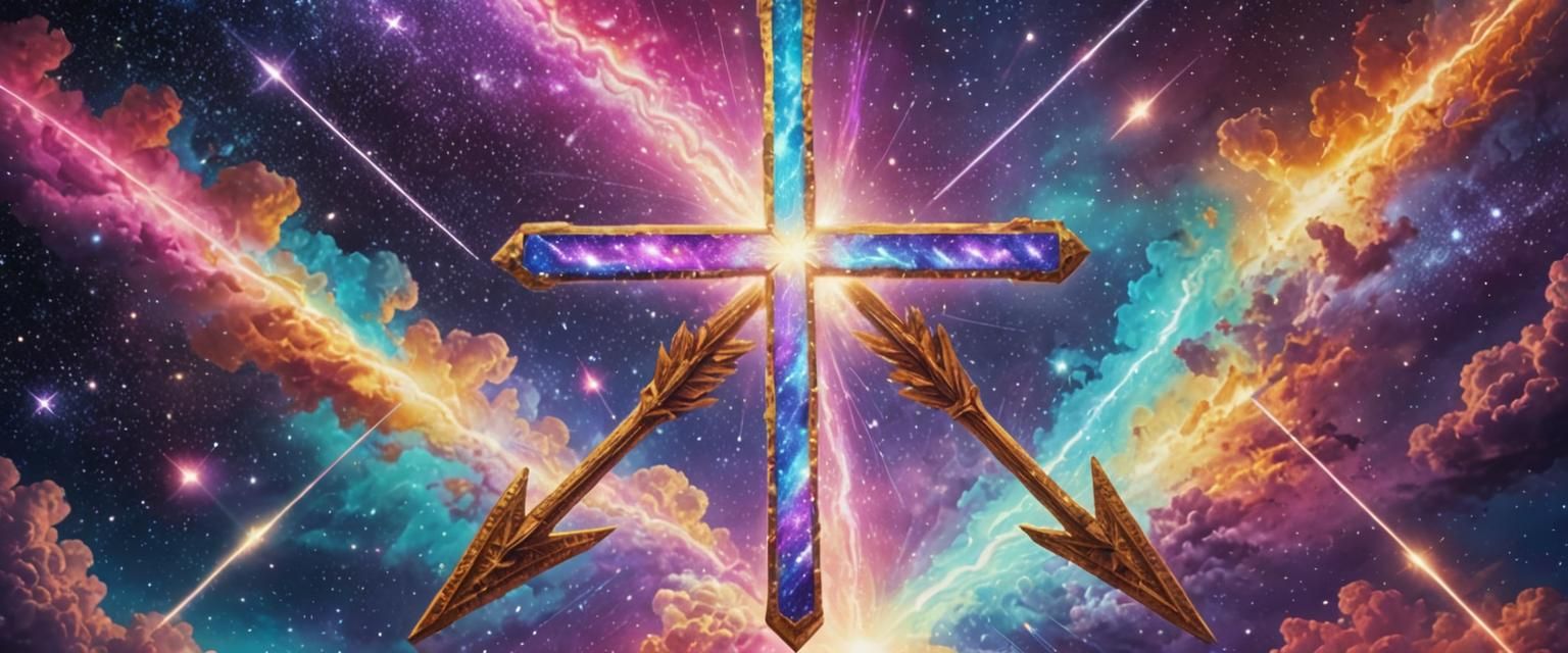 Cosmic Cross with Arrows in Surreal Style