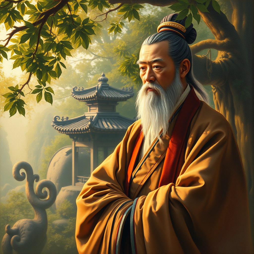 Contemplative Confucius in a Golden Landscape