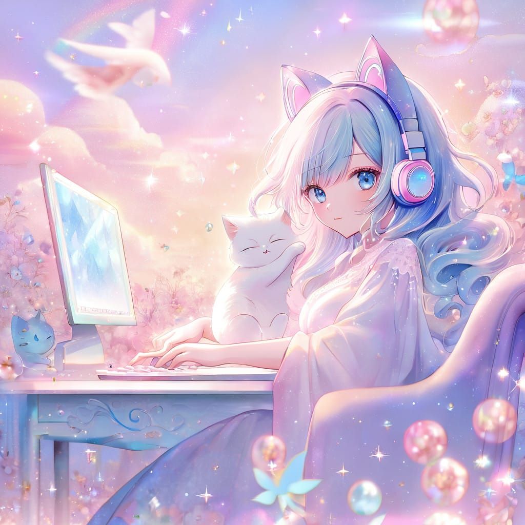 Anime Girl with Glittery Hair and Pastel Sunset Background