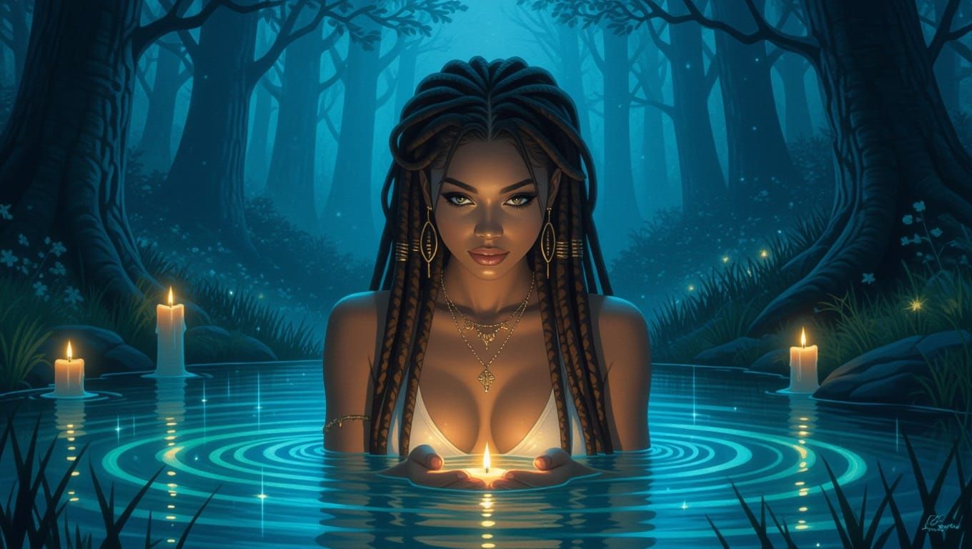 Sensual Black Goddess Embracing Magical Nature