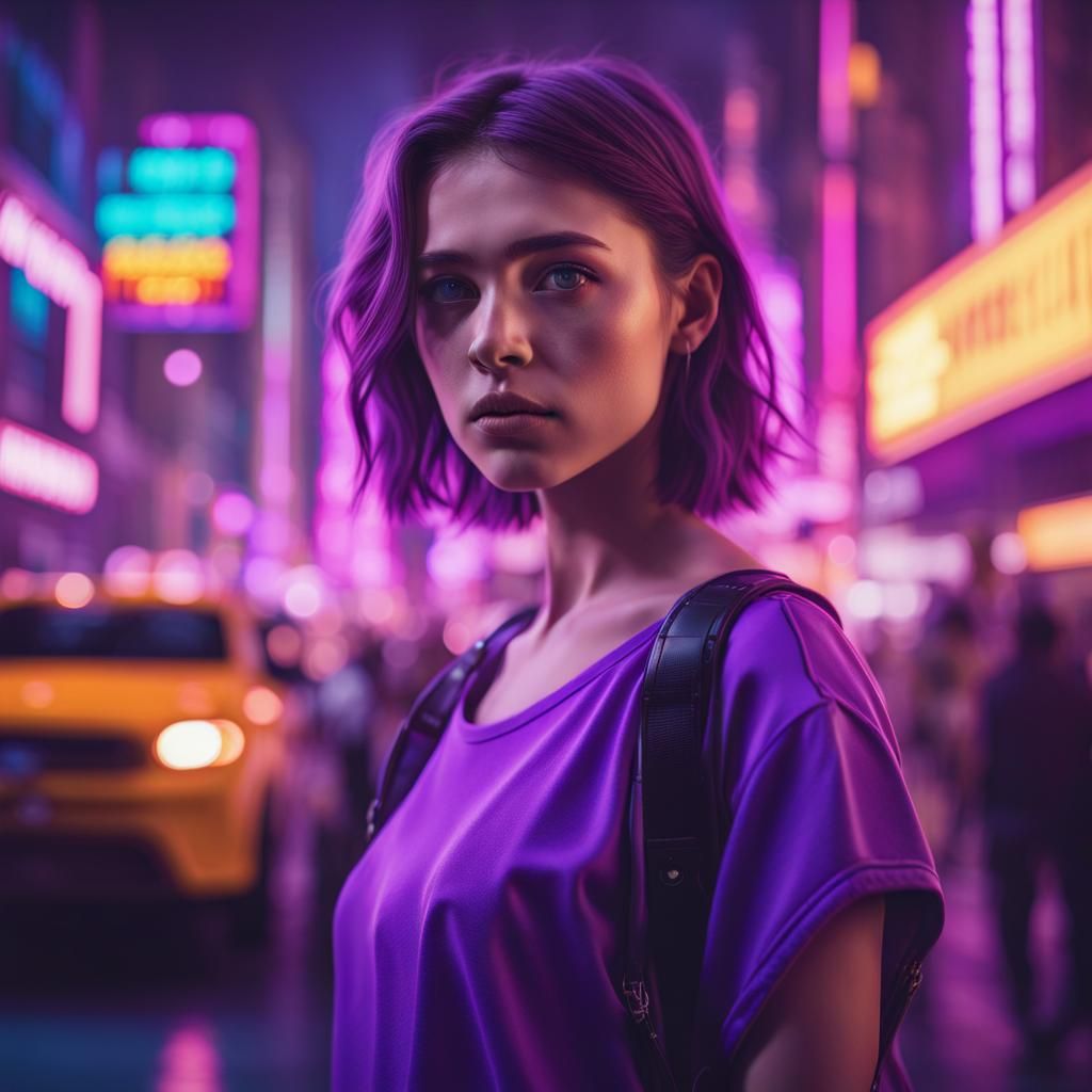 Girl in Neon City, Chinapunk Soft-Focus Portrait