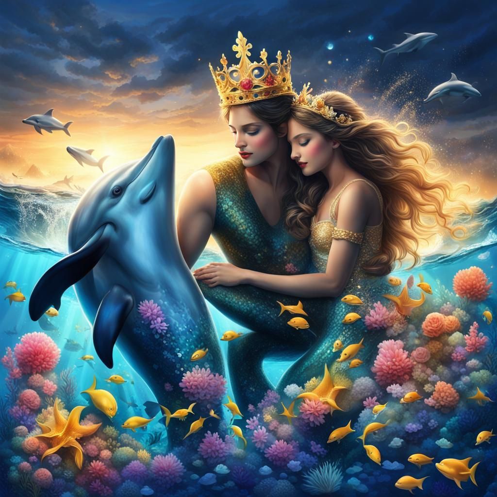 Enchanting Mermaid Playing with Dolphins in Deep Ocean