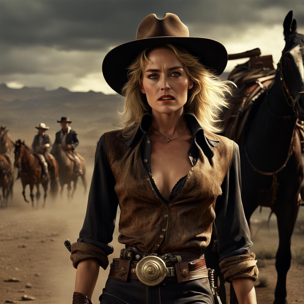 Young Woman Fires Revolver in Western Scene