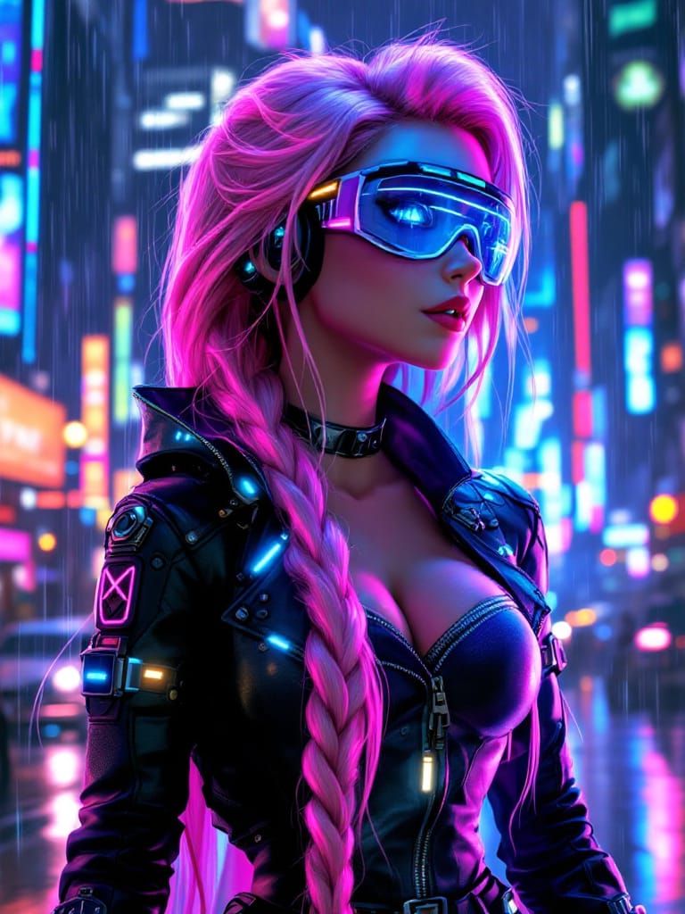Cyberpunk Rapunzel with Neon Hair in Futuristic City