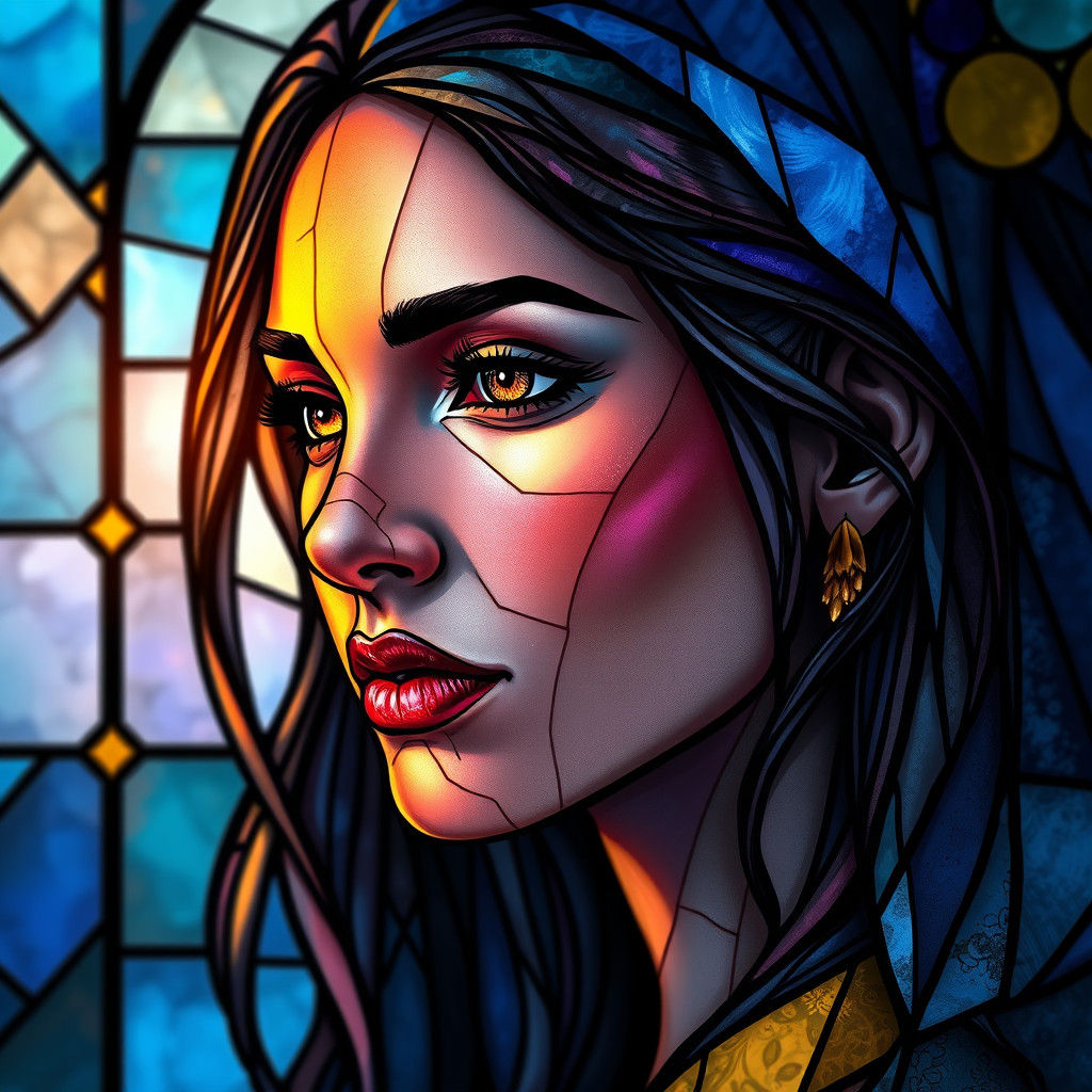 Stained Glass Portrait of Serene Woman