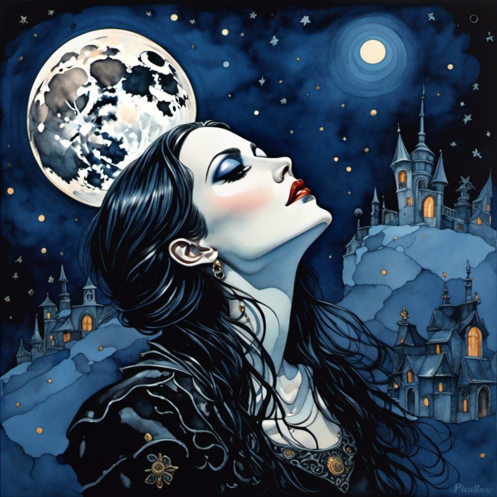 Goth Lady Gazing at Moon in Gouache Print