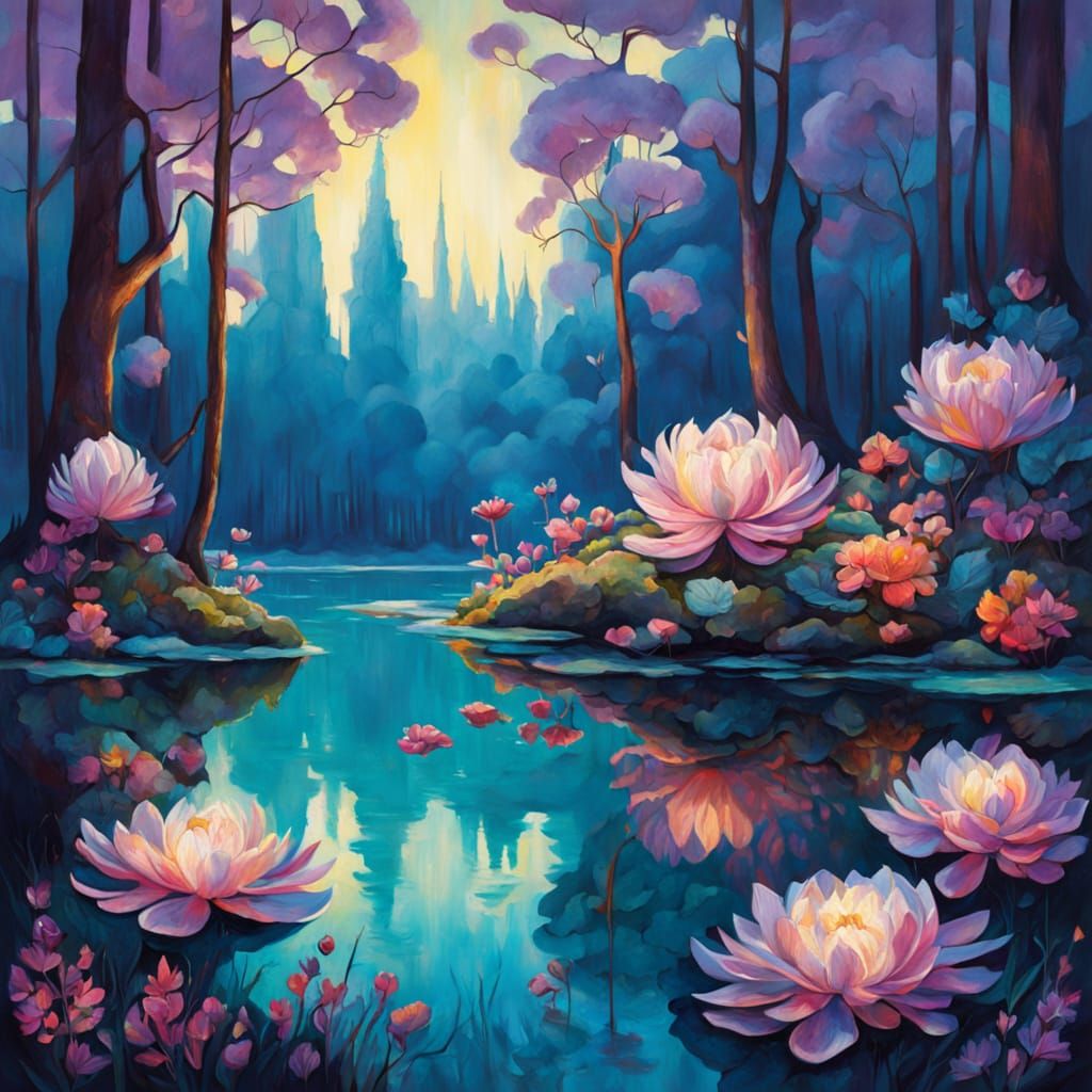 Magical Forest Clearing with Luminous Flowers and Serene Lak...