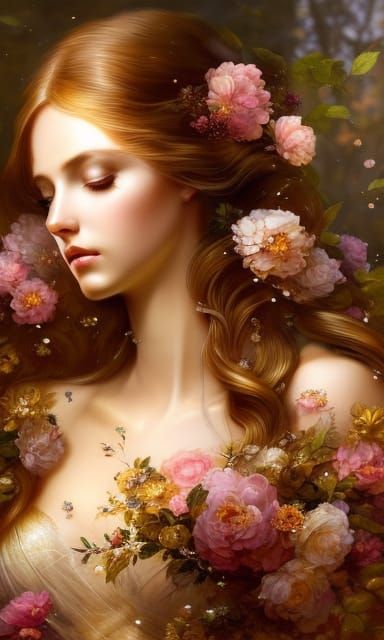 Golden Haired Woman with Flowers, Hyperdetailed Illustration