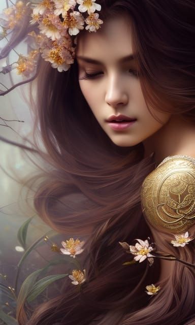 Golden Haired Woman with Flowers, Hyperdetailed Digital Art