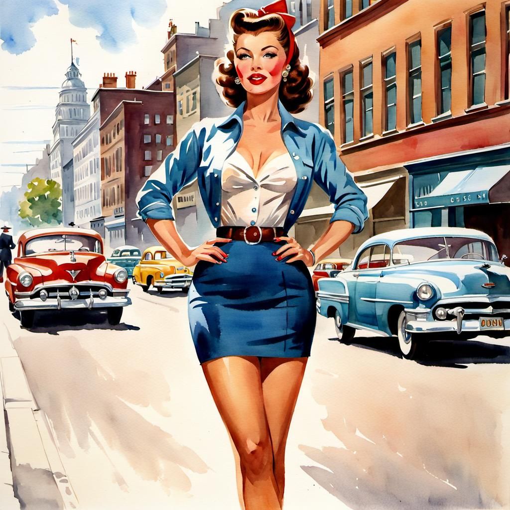 1950s Journalist Pin-Up in Watercolor Style