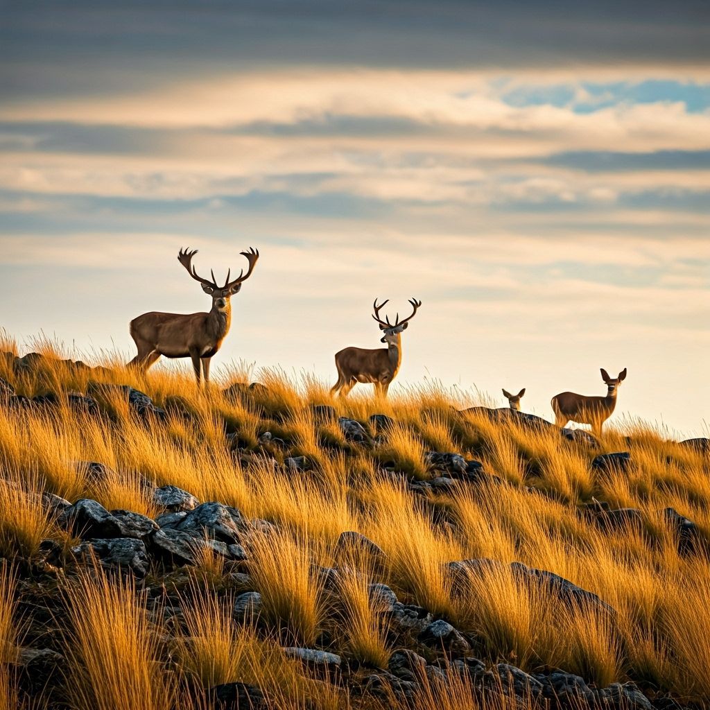 Deer on Ridge at Sunrise, Golden Grasslands
