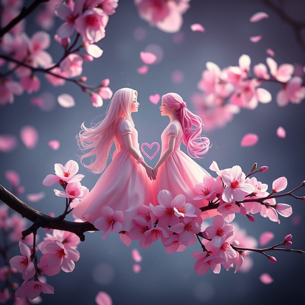 Romantic Pastel Lovers on Cherry Branch, Fantasy Art