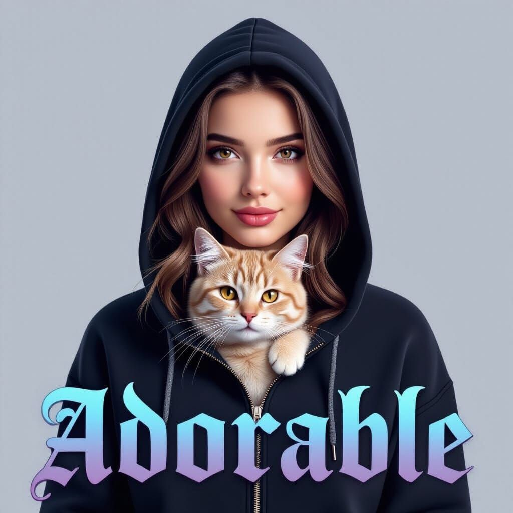 Adorable Gothic Text With Woman and Cat Photo-realistic