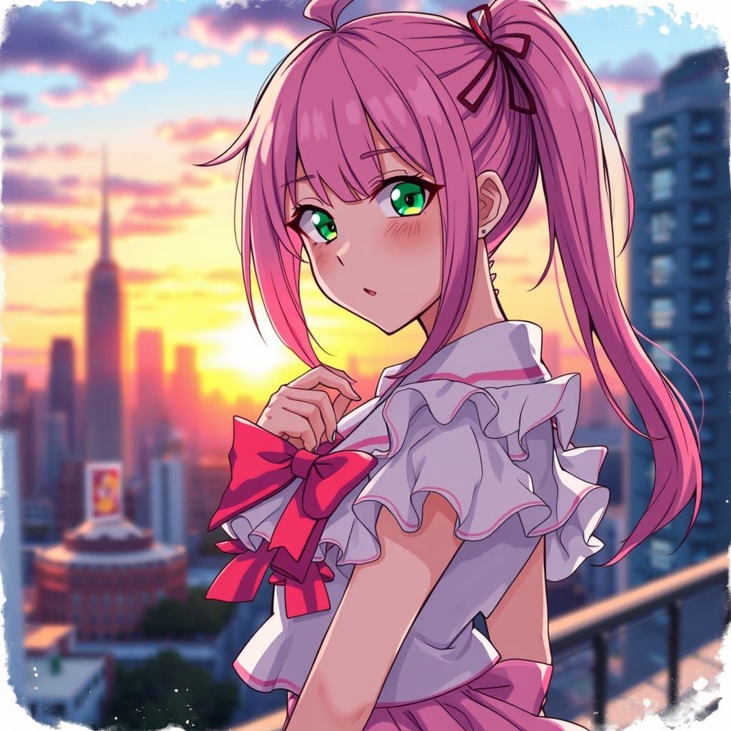 Pastel Pink Anime Schoolgirl Poses Seductively at Sunset