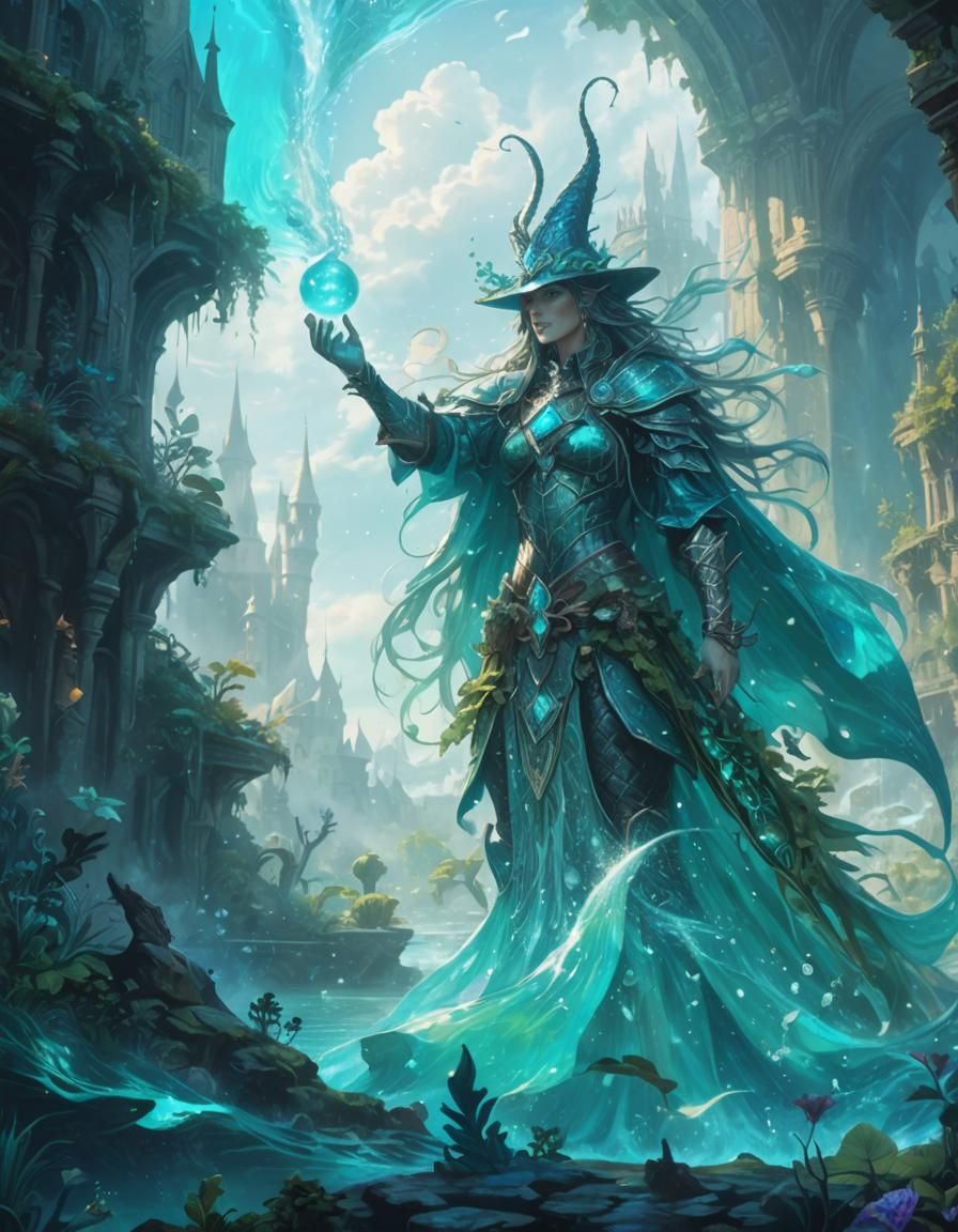 Medieval Mermaid Wizard Casts Spell in Iridescent Underwater...